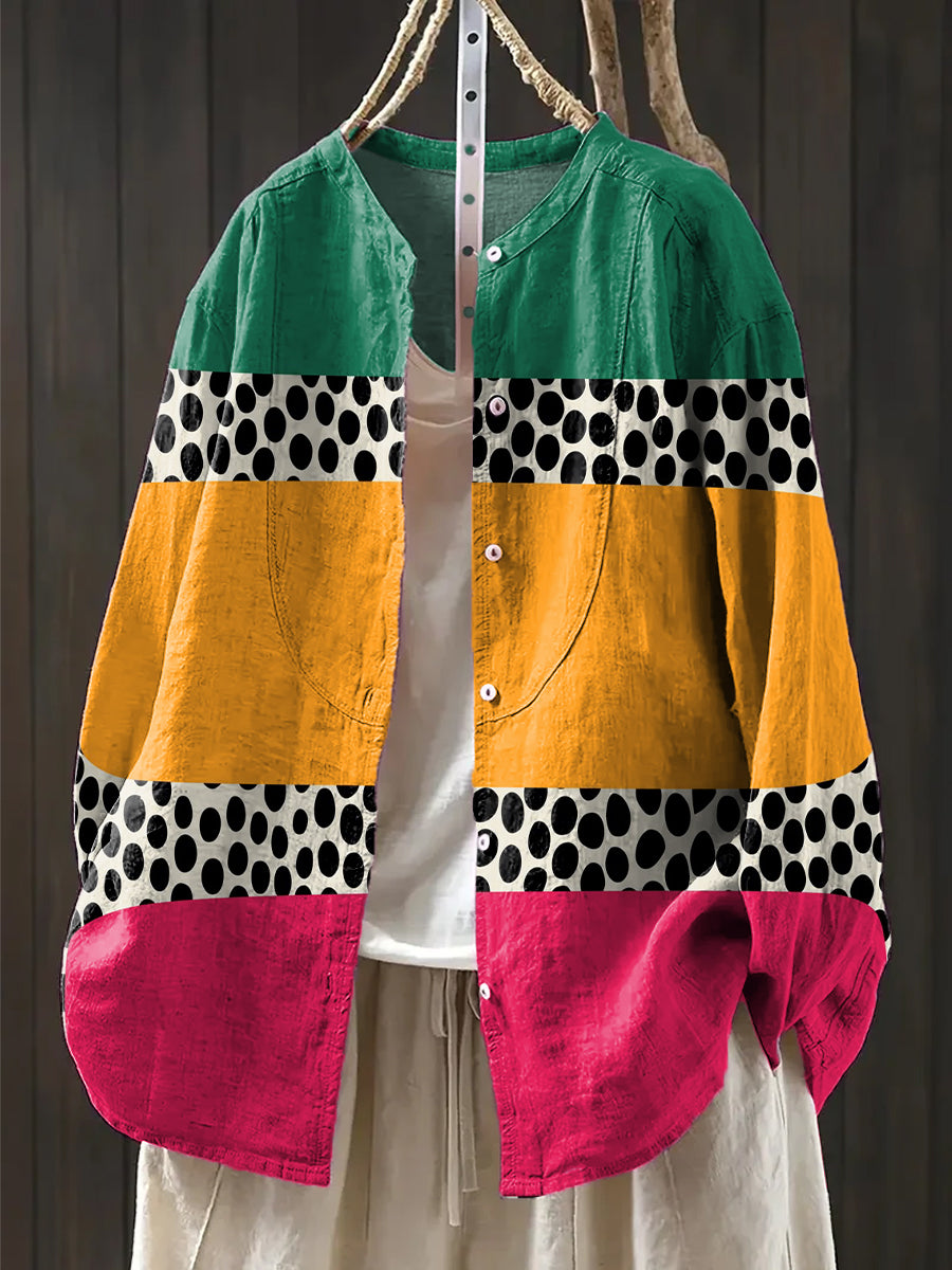 Women's Abstract Multicolor Stripe Polka Dot Painting Art Print Casual Cotton And Linen Shirt