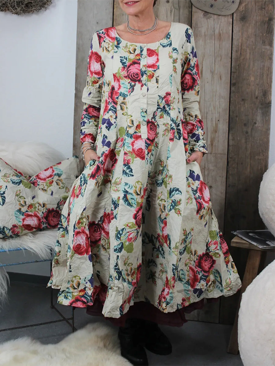 Women's Retro Button-down Floral Print Cotton and Linen Dress