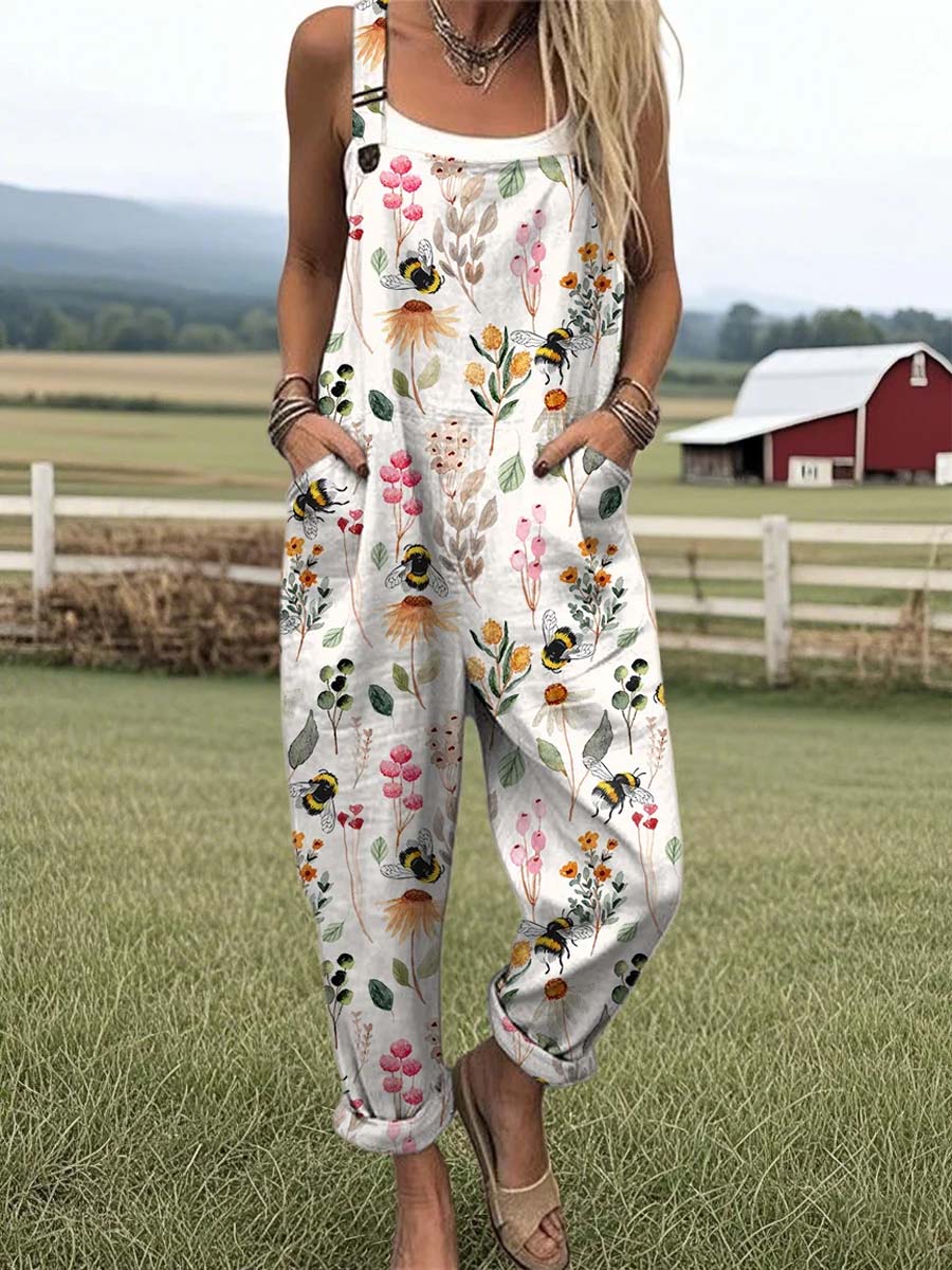 Women's Lovely Floral Bees Art Print Casual 100% Cotton Wide Leg Jumpsuit
