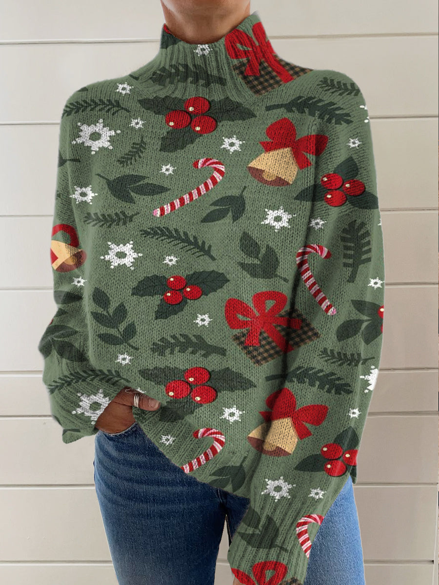 Christmas Elements Art Print Knit Turtleneck Pullover Sweater