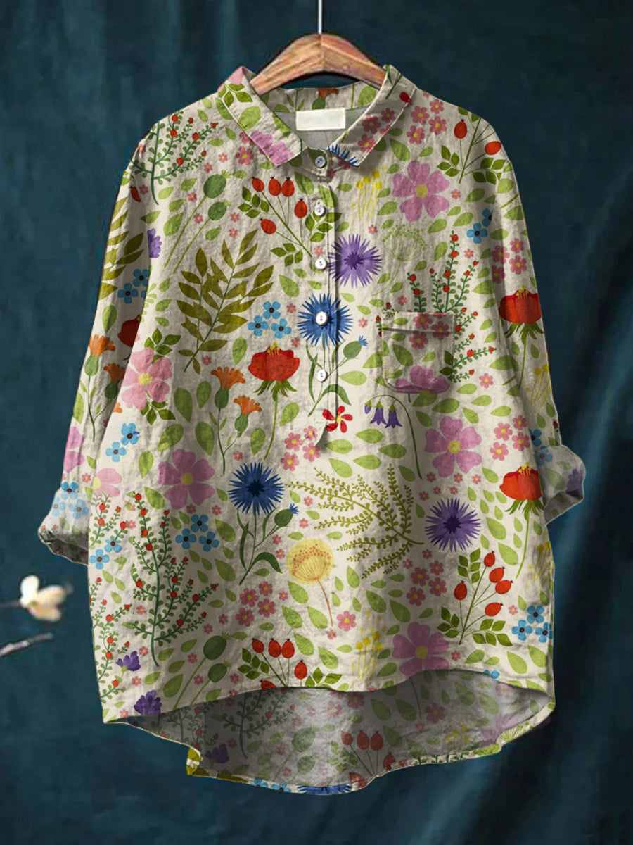 Women's Floral Art Print Casual Cotton And Linen Shirt