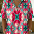 Retro Color-block Botanical & Geometric Print Cotton-linen Short-sleeve Shirt