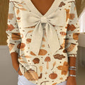 Women's Halloween Print Bowknot V-Neck Long Sleeve Casual Pullover Sweater