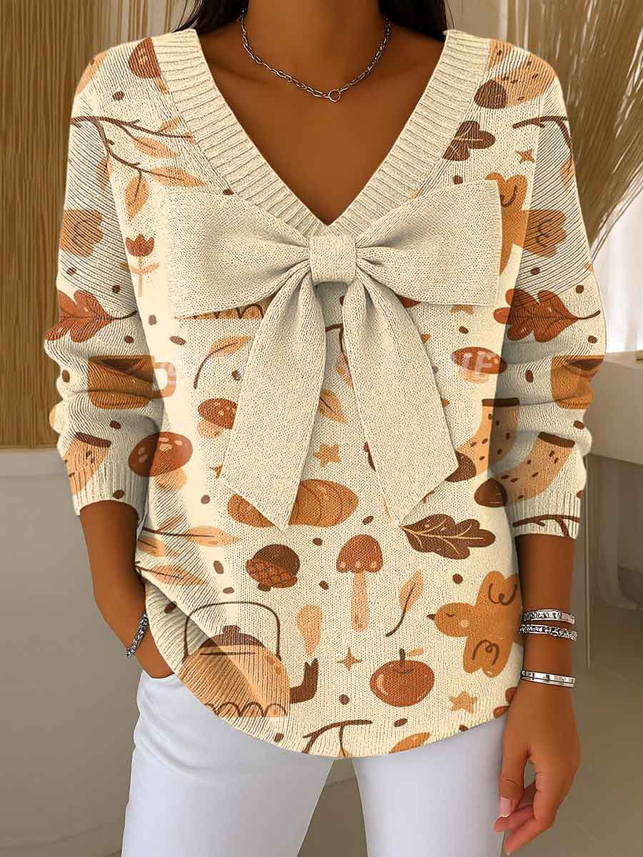 Women's Halloween Print Bowknot V-Neck Long Sleeve Casual Pullover Sweater