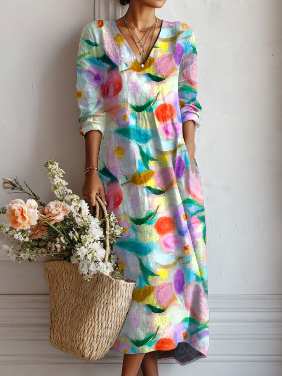 Women's Vintage Flower Art Print Linen Pocket Tunic Dress