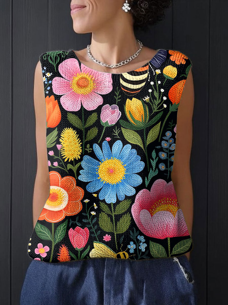 Women's Vintage Flower Bee Art Print Casual  Knitting Top