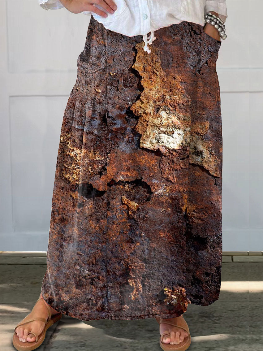 Women's   Vintage Rust Art Print Linen Pocket Skirt
