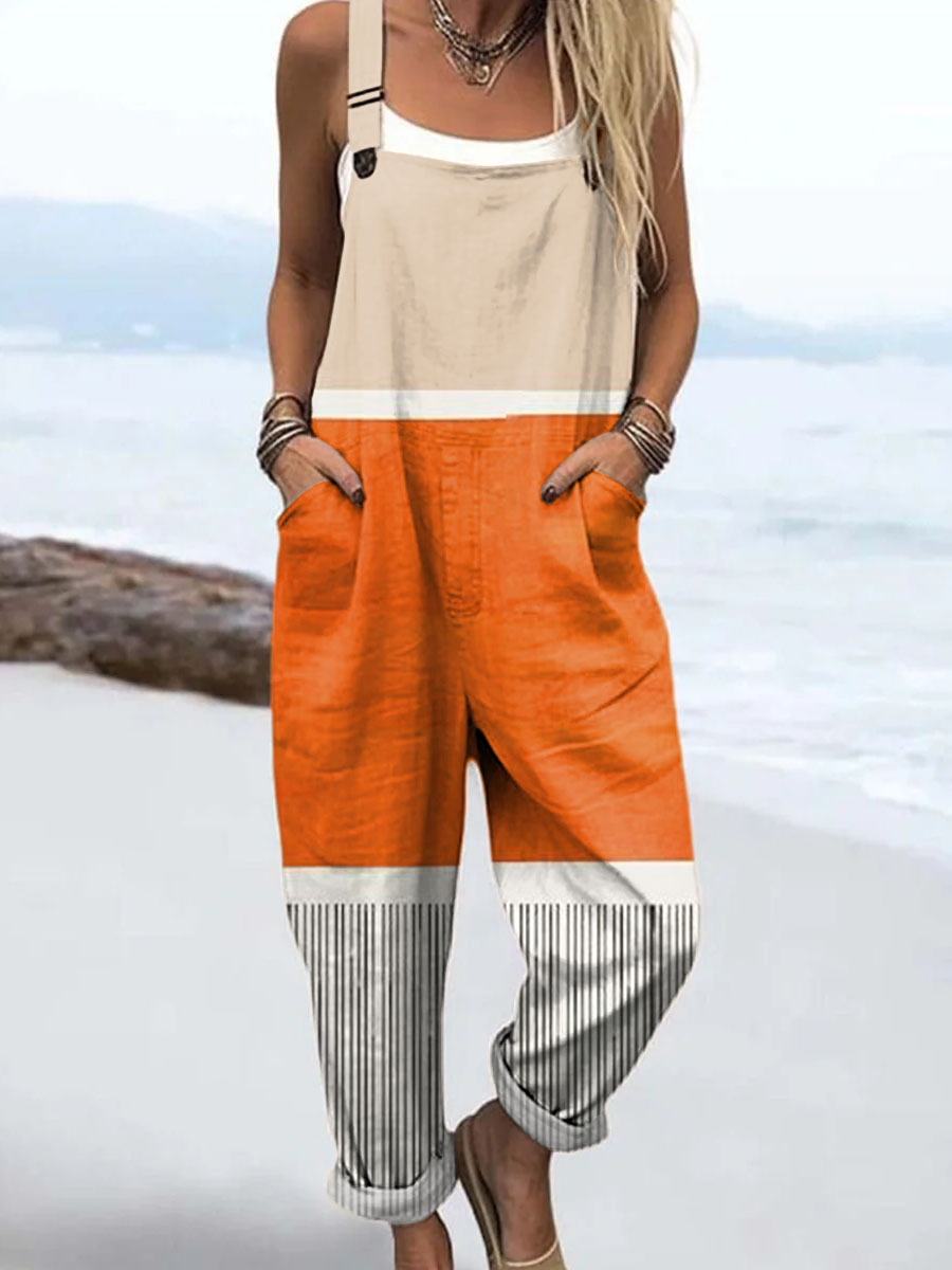 Women's Geometric Pattern Art Print Casual 100% Cotton Wide Leg Jumpsuit