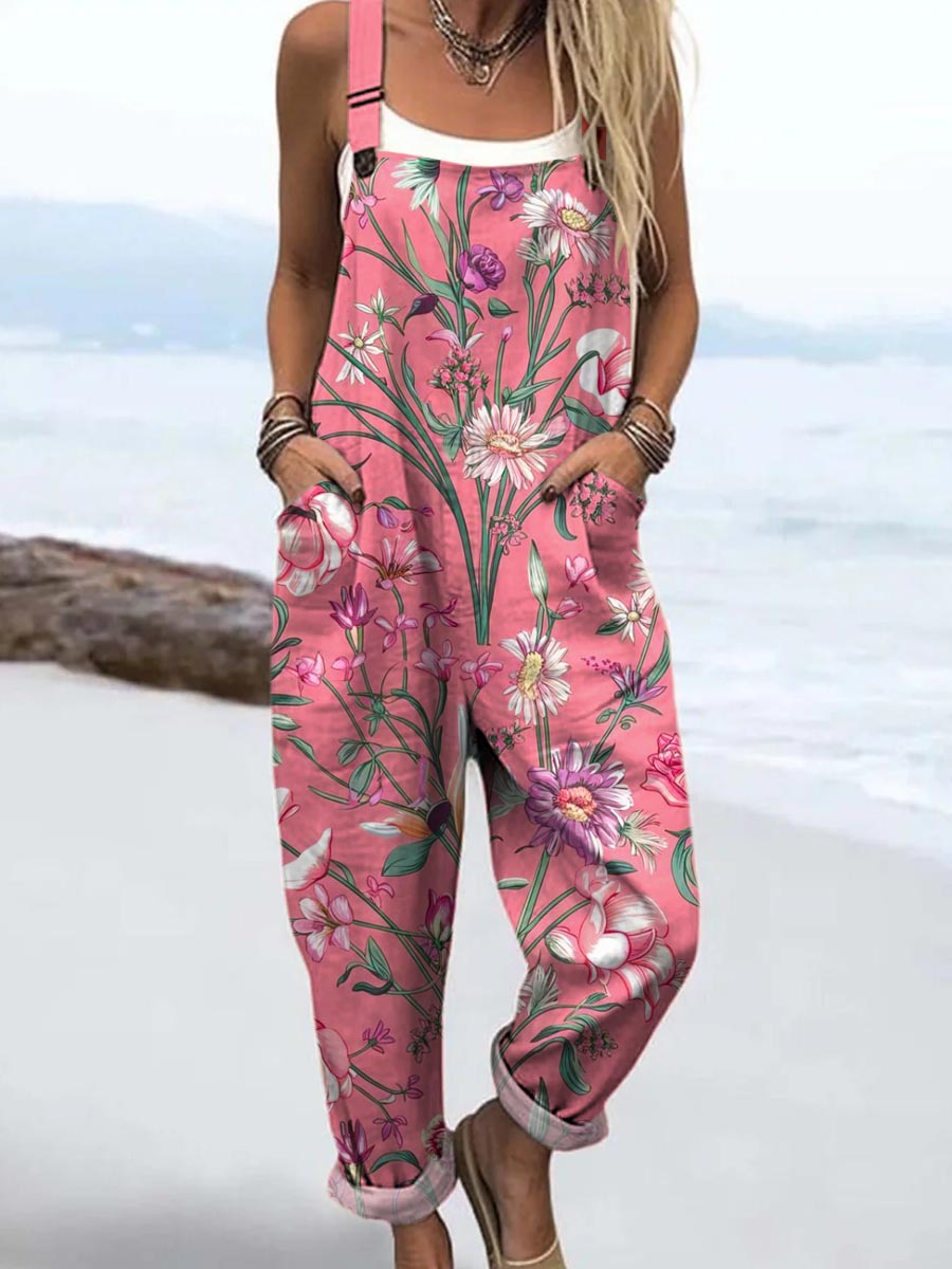 Women's Vintage Floral Pattern Art Print Casual 100% Cotton Wide Leg Jumpsuit