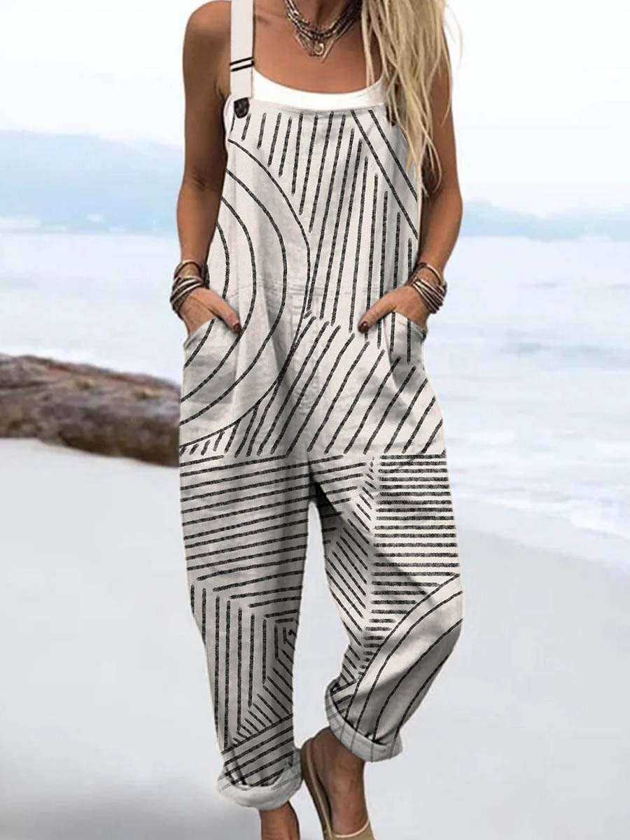 Women's Abstract Geometric Line Pattern Art Print Casual 100% Cotton Wide Leg Jumpsuit