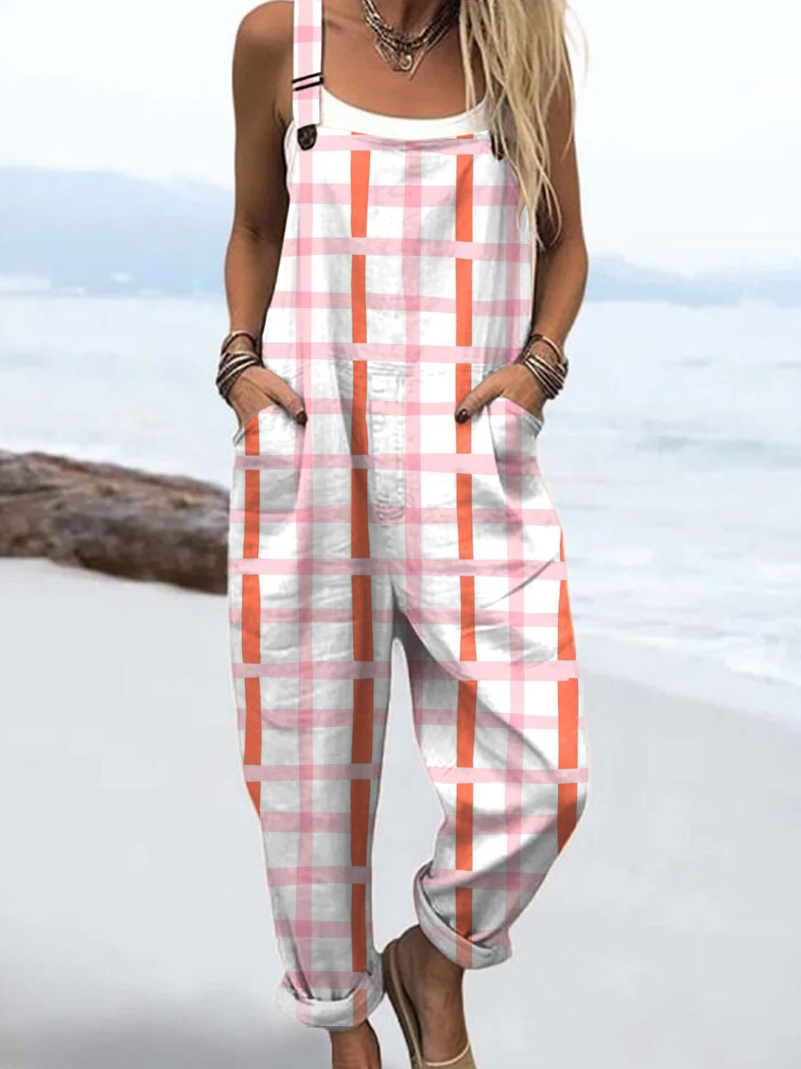 Women's Vintage Abstract Geometric Art Print Casual 100% Cotton Wide Leg Jumpsuit