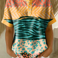 Retro Color-block Patchwork Print Loose-fit Cotton-linen Short-sleeve Shirt