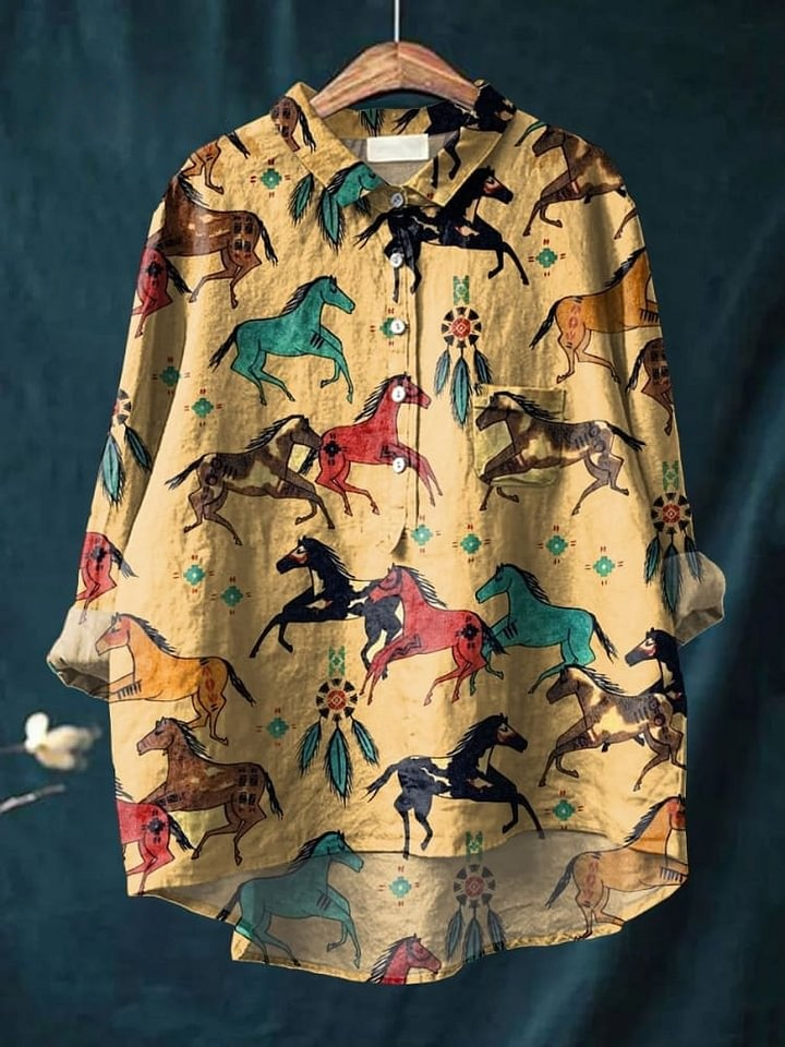 Horse Art Printed Women's Casual Cotton And Linen Shirt