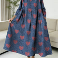 Denim-style Valentine's Day Heart-shaped Decorative Pattern Women's Casual Peter Pan Collar Long Sleeve Dress