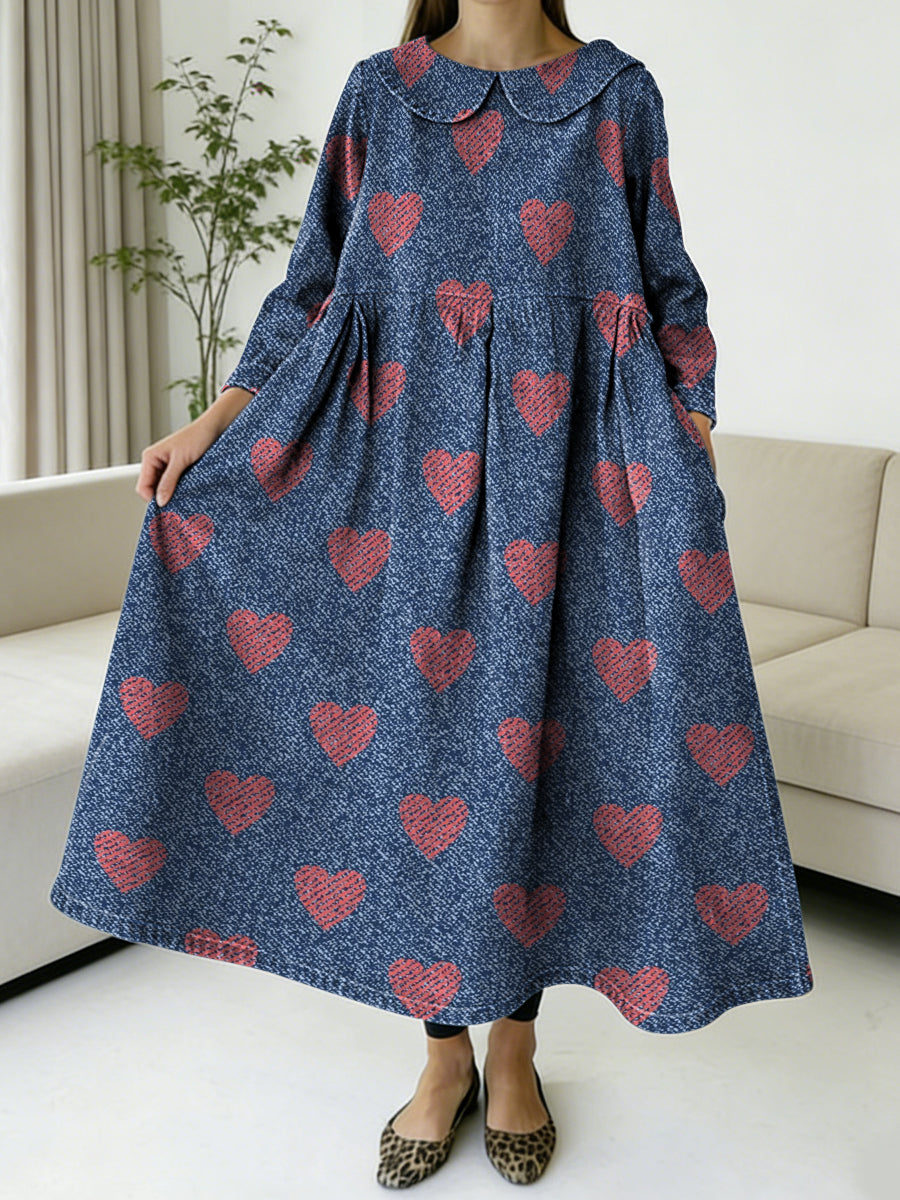 Denim-style Valentine's Day Heart-shaped Decorative Pattern Women's Casual Peter Pan Collar Long Sleeve Dress