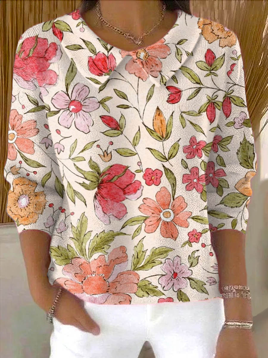 womens-lovely-floral-art-print-casual-peter-pan-collar-3-4-sleeve-sweater-yoxr