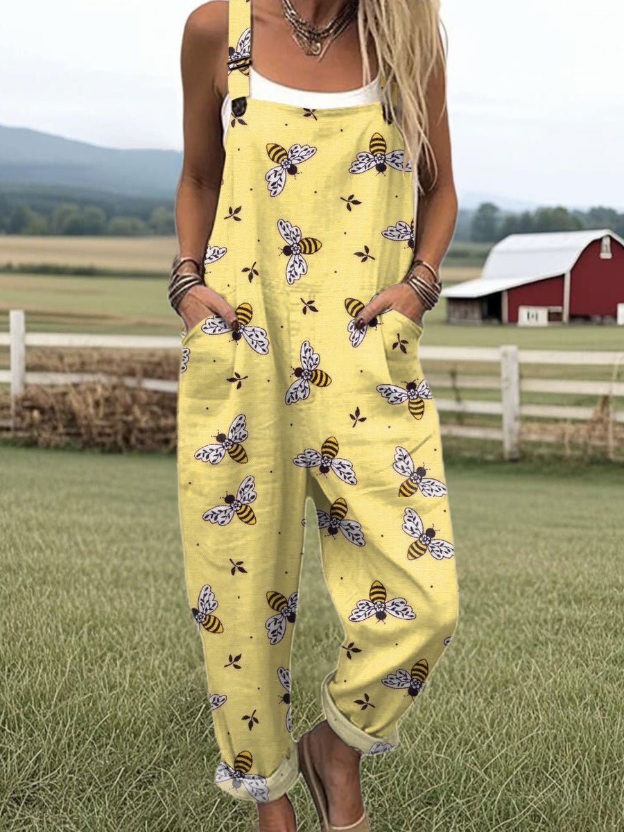 Women's Funny Bee Art Print Casual 100% Cotton Wide Leg Jumpsuit