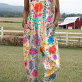Women's Vintage Flowers Art Print Casual 100% Cotton Wide Leg Jumpsuit