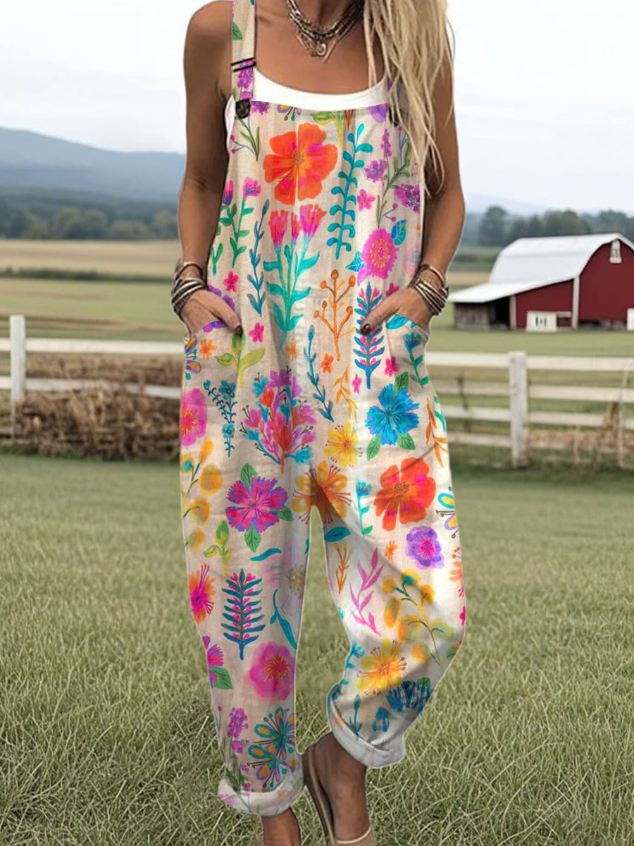 Women's Vintage Flowers Art Print Casual 100% Cotton Wide Leg Jumpsuit
