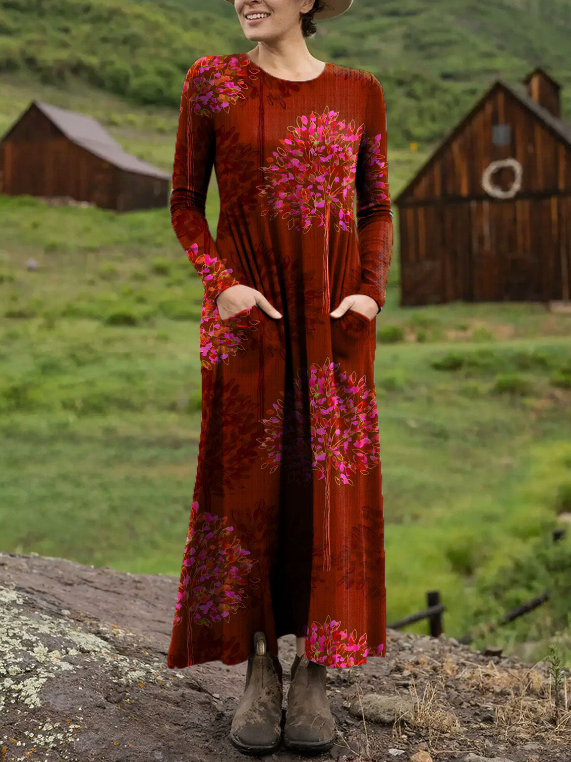 Women's Vintage  Flower  Art Printed Long-sleeved Casual Dress