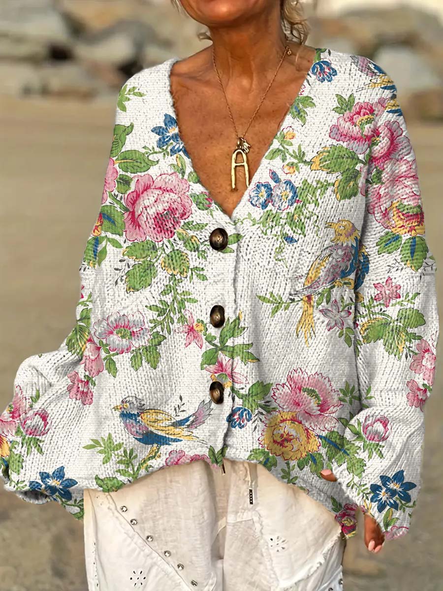womens-retro-art-floral-and-birds-casual-pullover-sweater