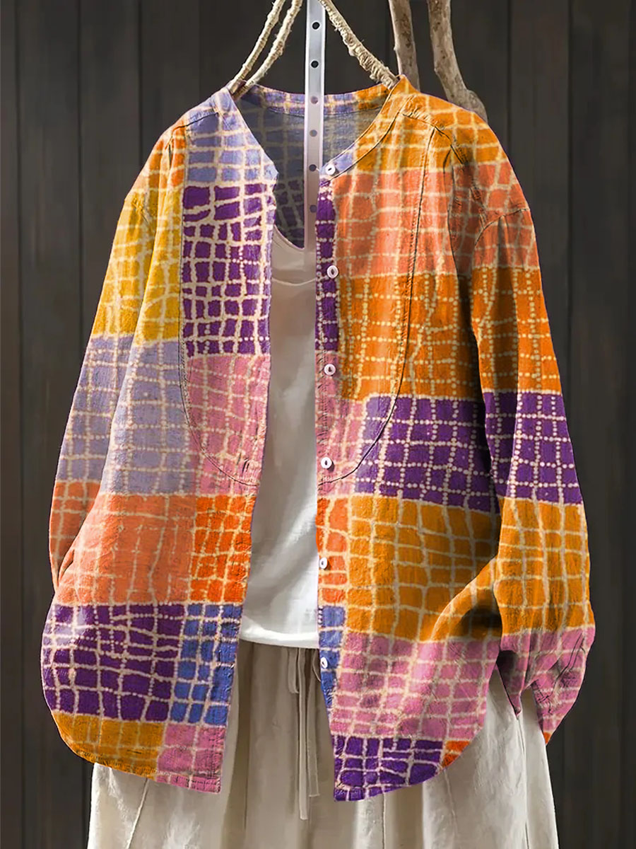 Women's Vintage Patchwork Pattern Art Print Casual Cotton And Linen Shirt