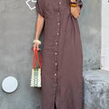 Women's Solid Color Lapel Short Sleeve Casual Cotton and Linen Long Shirt Dress