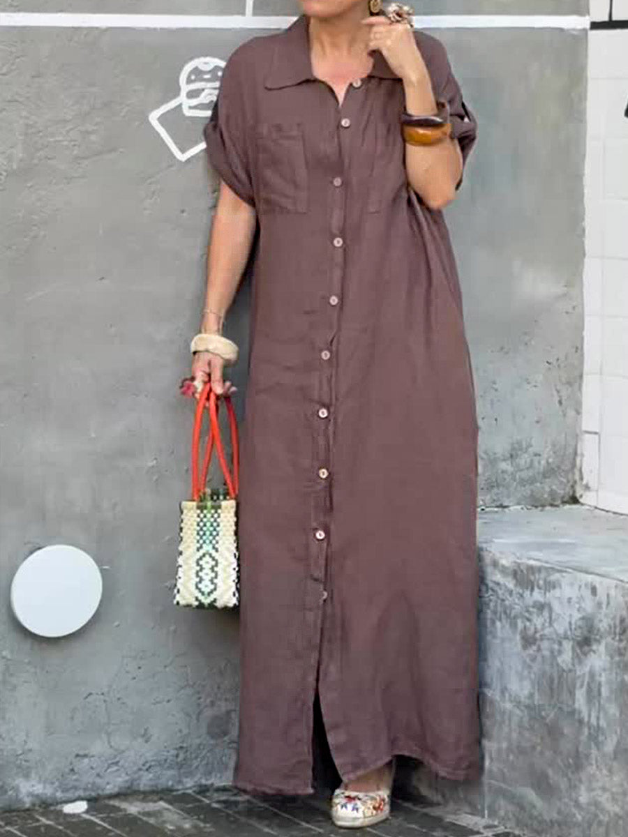 Women's Solid Color Lapel Short Sleeve Casual Cotton and Linen Long Shirt Dress