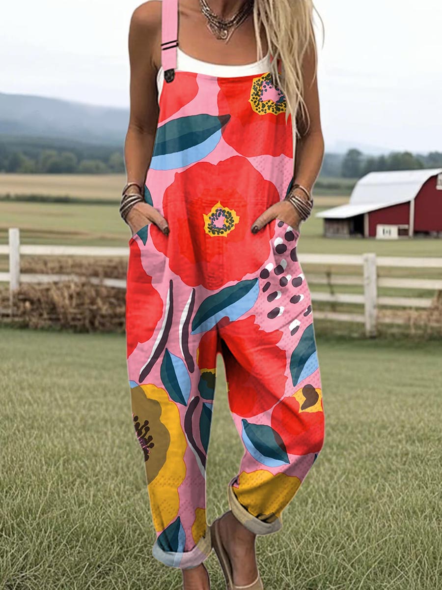 Women's Lovely Flowers Art Print Casual 100% Cotton Wide Leg Jumpsuit