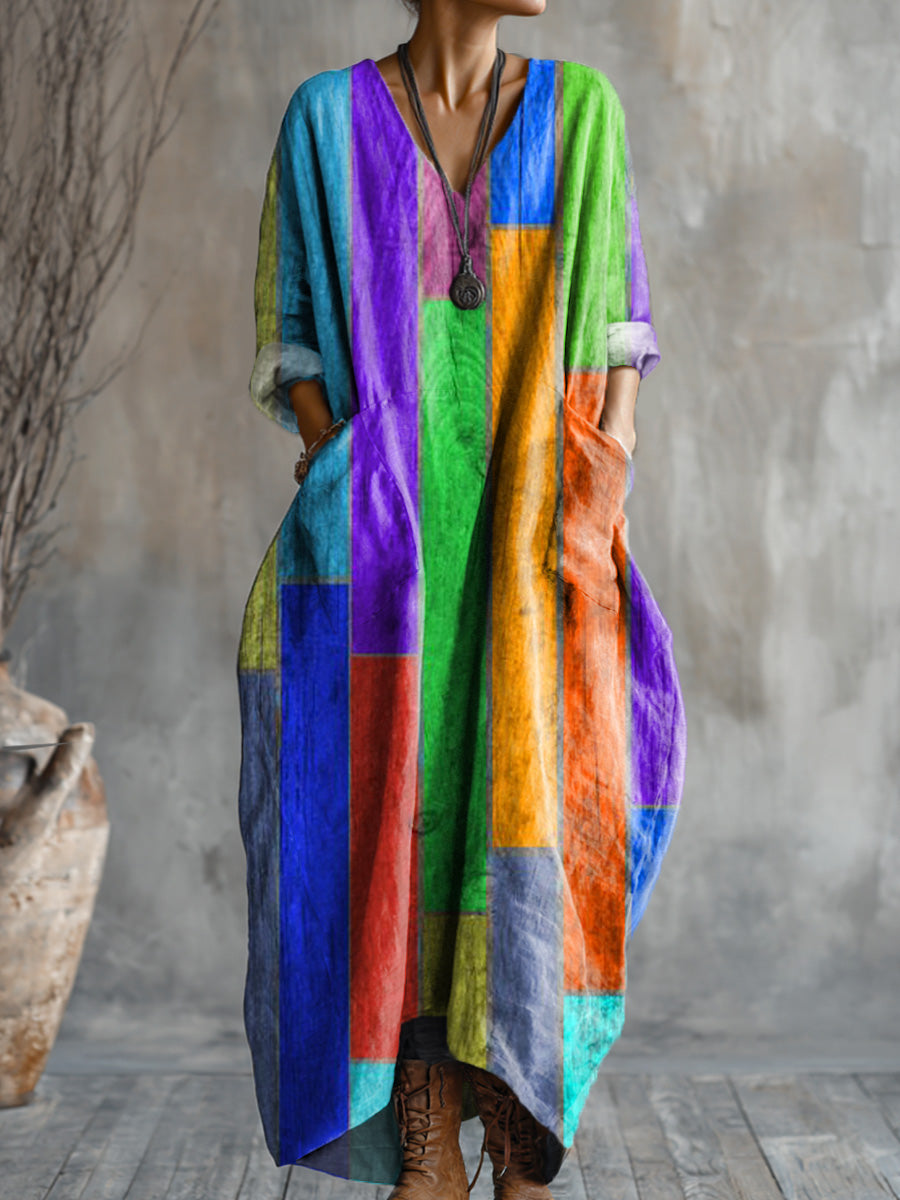 Women's Abstract Colorful Geometric Color Block Painting Art Print  Pocket V-neck Cotton Dress