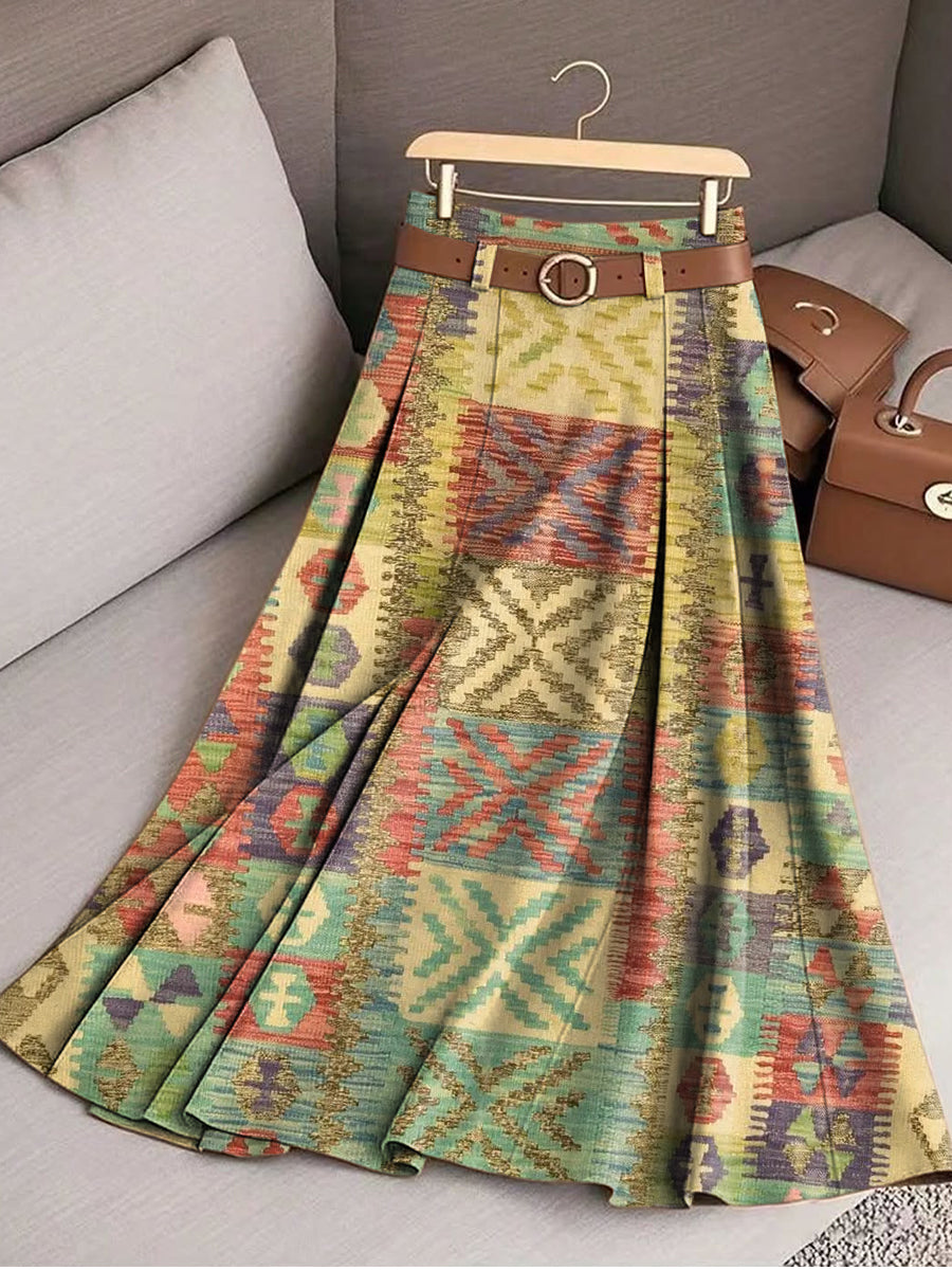 Women's Vintage Ethnic Geometric Check Art Print Cotton Skirt