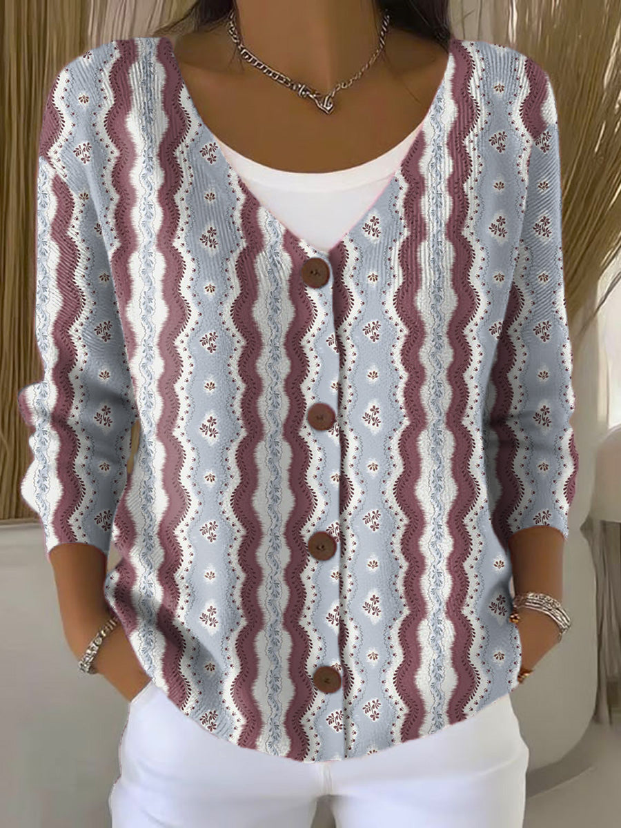 wavy-stripes-print-buttoned-v-neck-cardigan-sweater
