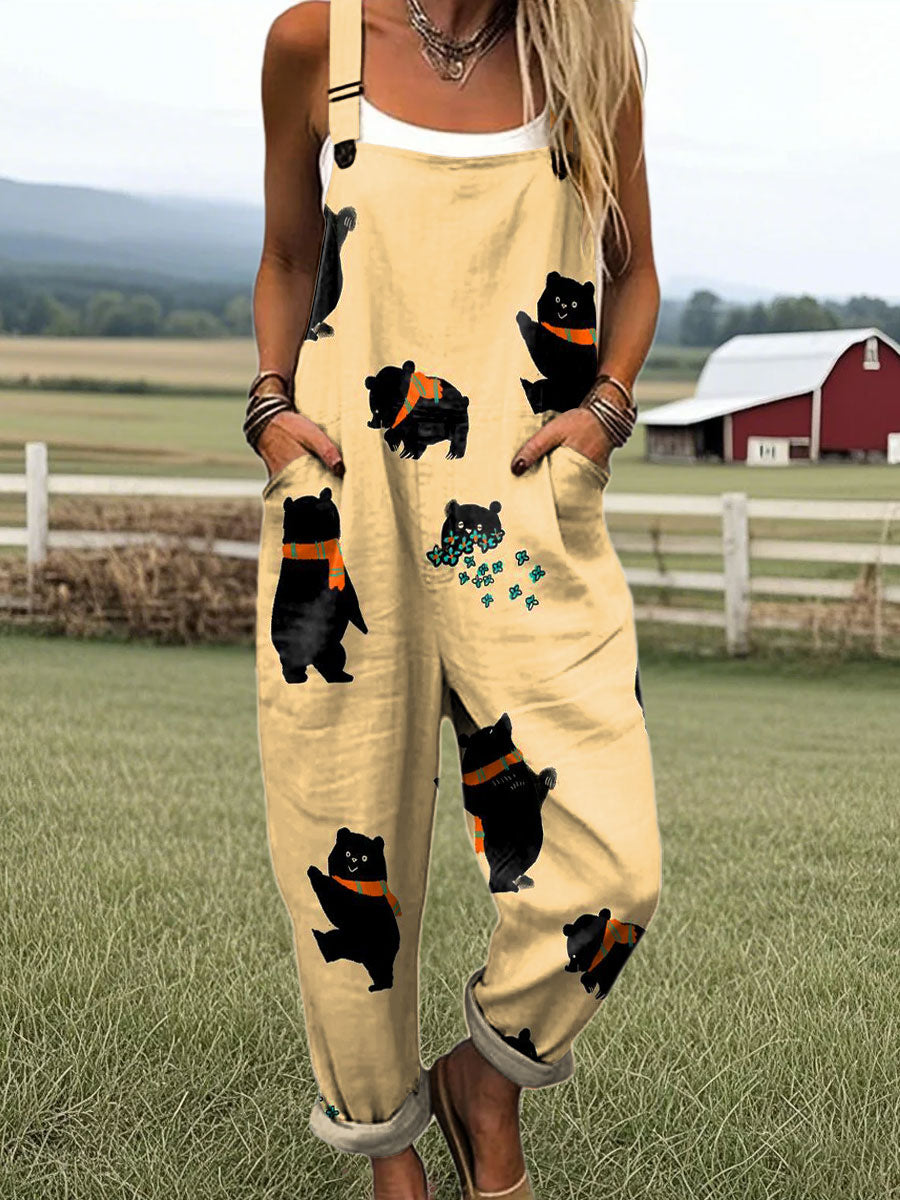 Women's Abstract Panda Art Print Casual 100% Cotton Wide Leg Jumpsuit