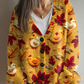 fall-vintage-chicken-art-print-buttoned-v-neck-cardigan-sweater