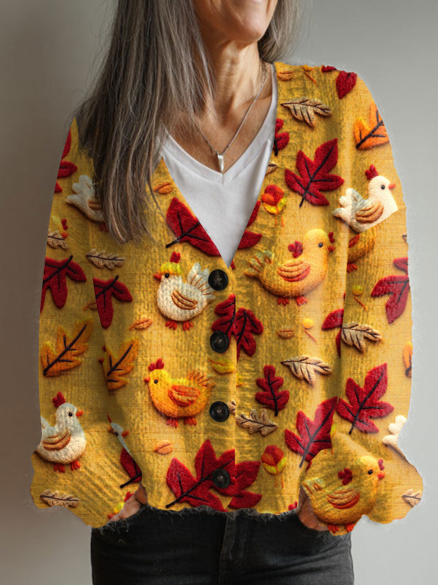 fall-vintage-chicken-art-print-buttoned-v-neck-cardigan-sweater