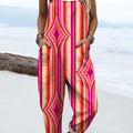 Women's Abstract Colorful Geometric Stripes Art Print Casual 100% Cotton Wide Leg Jumpsuit
