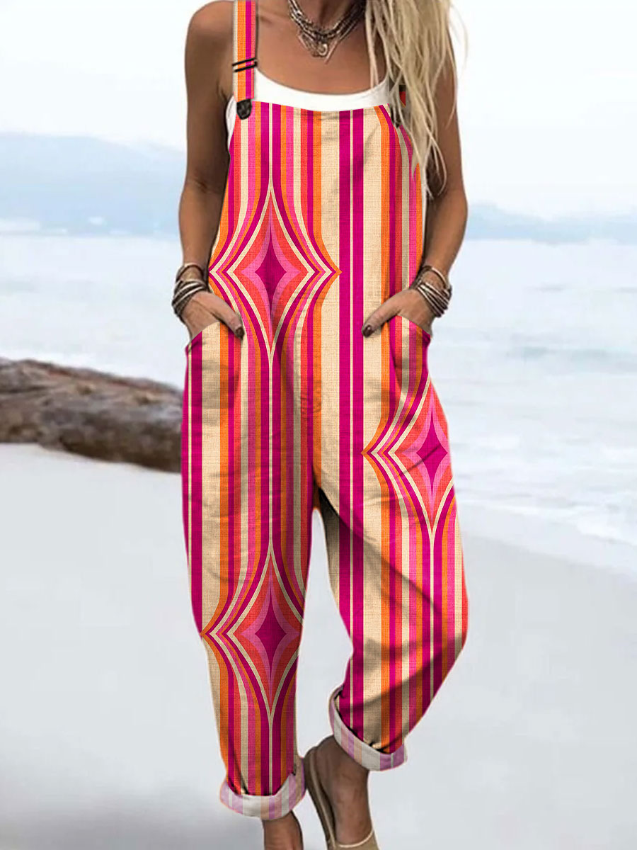 Women's Abstract Colorful Geometric Stripes Art Print Casual 100% Cotton Wide Leg Jumpsuit