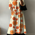 Women's Vintage Flower Art Print Pocket V-neck Cotton Dress