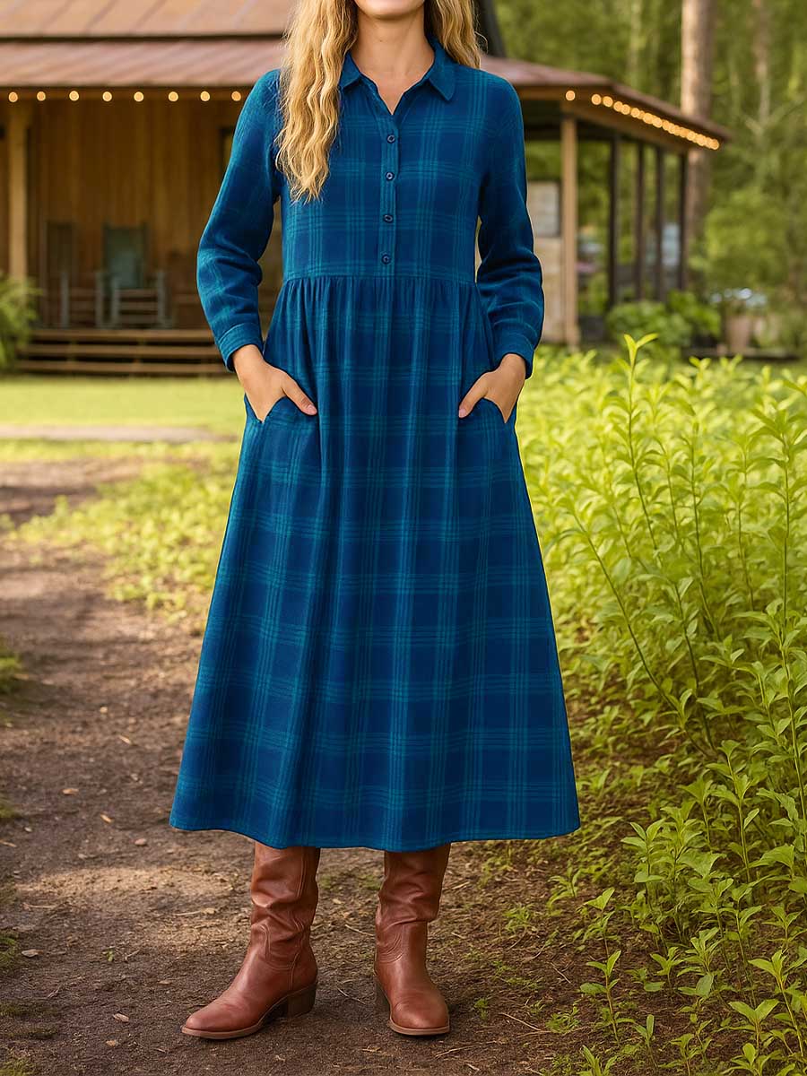 Women's Check Print Shirt Collar Long Sleeve Casual Pocket Loose Dress