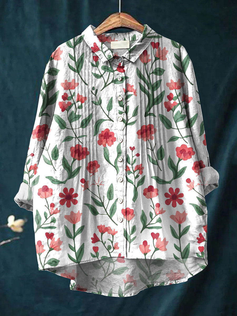 Women's Simple Floral Pattern Art Print Casual Cotton And Linen Ruffle Shirt