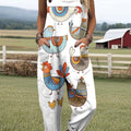 Women's Funny Chicken Pattern Art Print Casual 100% Cotton Wide Leg Jumpsuit