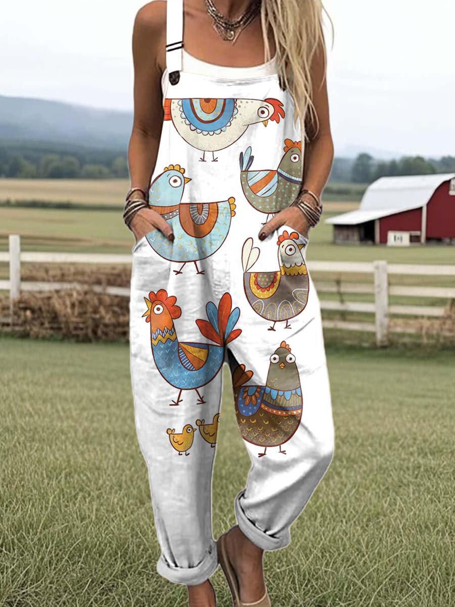 Women's Funny Chicken Pattern Art Print Casual 100% Cotton Wide Leg Jumpsuit