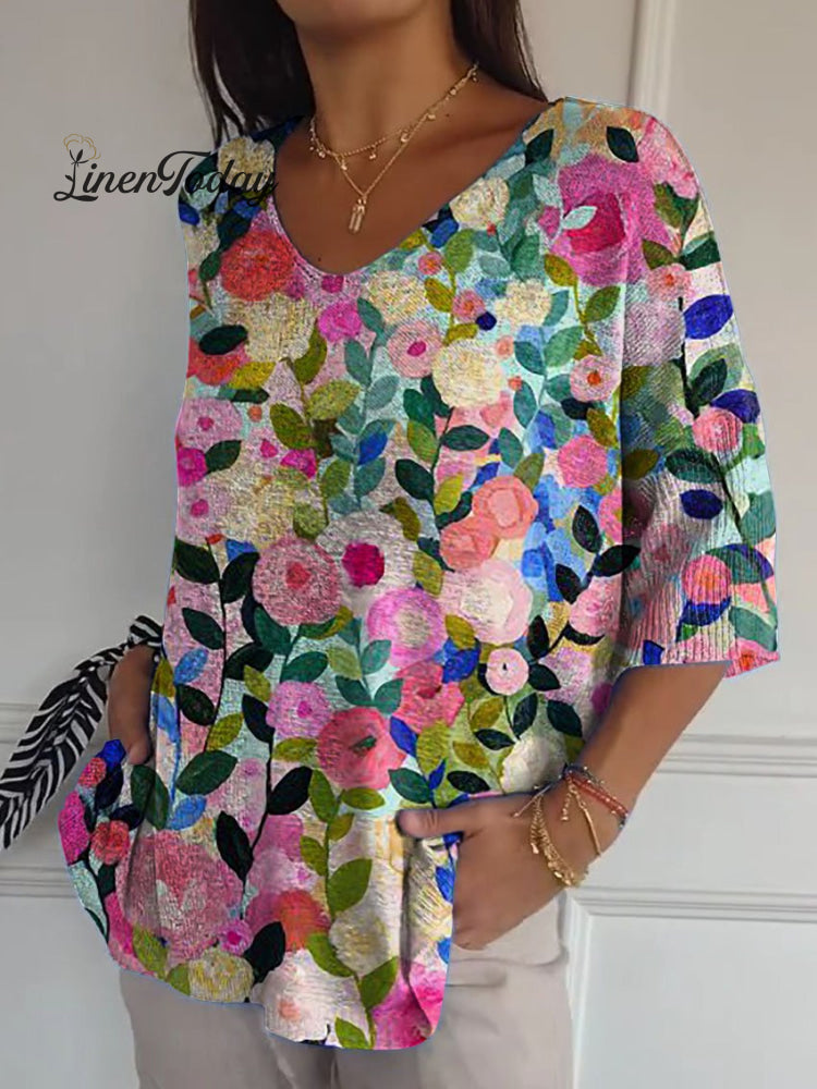 Colorful Spring Floral Garden Printed Women's Casual Pullover Knit