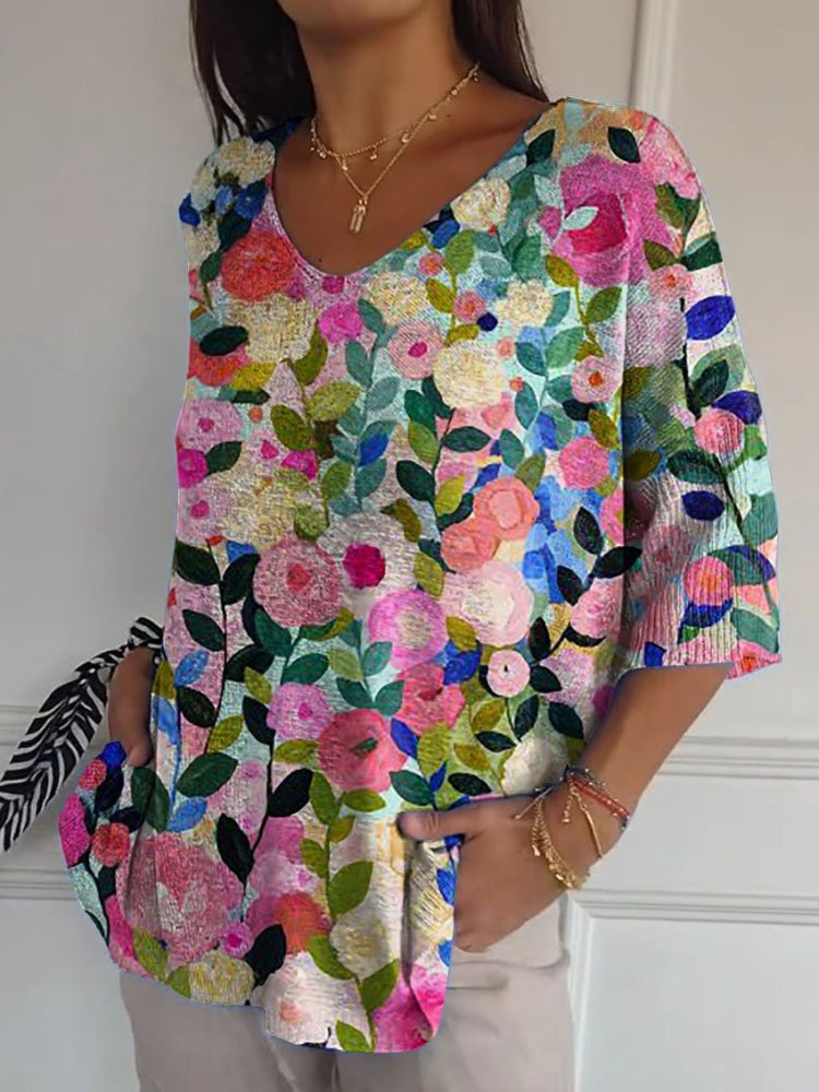 Colorful Spring Floral Garden Printed Women's Casual Pullover Knit