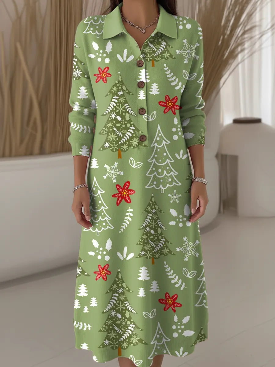 Women's Christmas Tree Pattern Art Print Casual Knitted Dress
