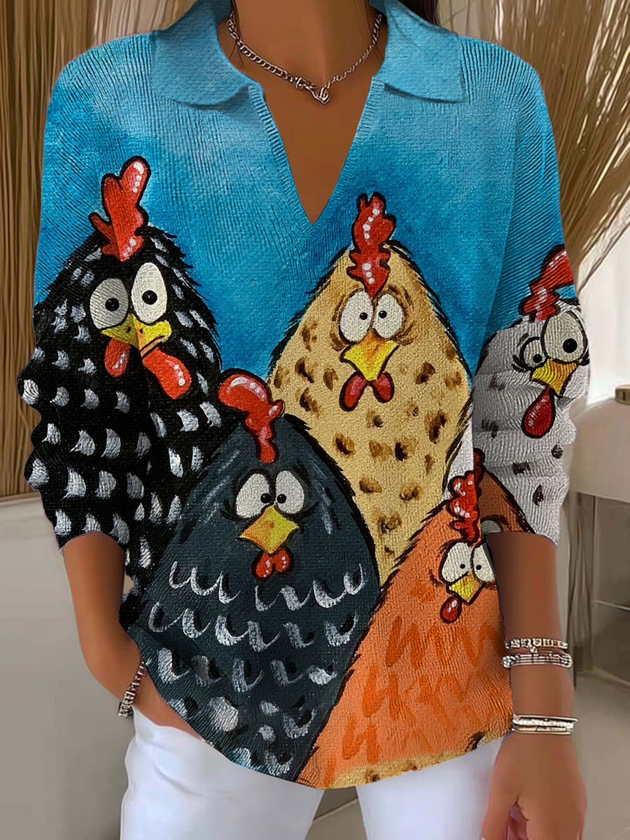 womens-funny-chicken-art-printed-casual-sweater