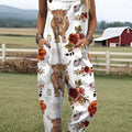 Women's Farm Highland Cattle Art Print Casual 100% Cotton Wide Leg Jumpsuit