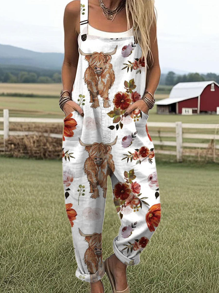 Women's Farm Highland Cattle Art Print Casual 100% Cotton Wide Leg Jumpsuit