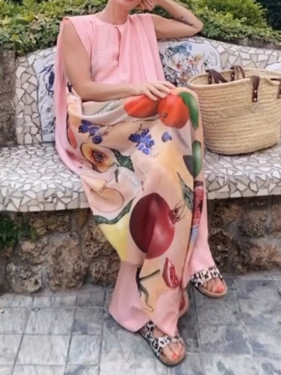 Women's Cotton and Linen Fruit Print Maxi Culotte Jumpsuit