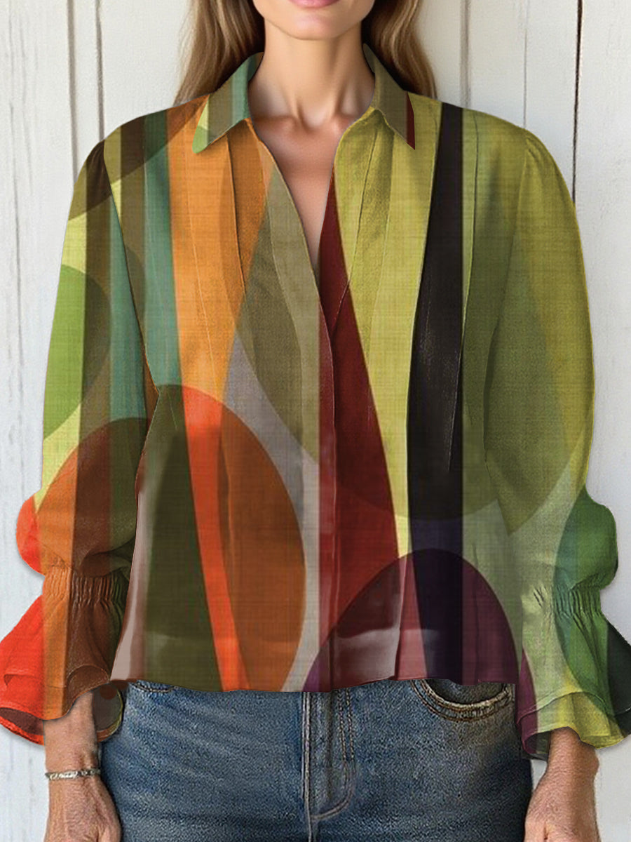 Women's  Vintage Geometry Art Print Casual  Cotton And Linen Shirt